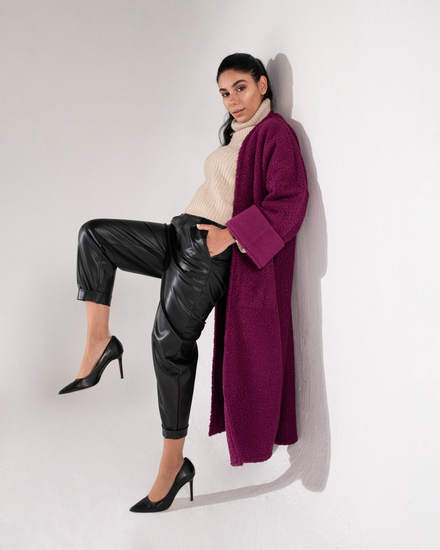 Purple Knitted Woolen Oversize Coat - Siestudioegypt